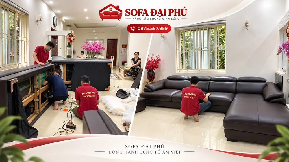 Hình ảnh trước và sau khi bọc ghế sôfa góc da cao cấp tại nhà khách hàng