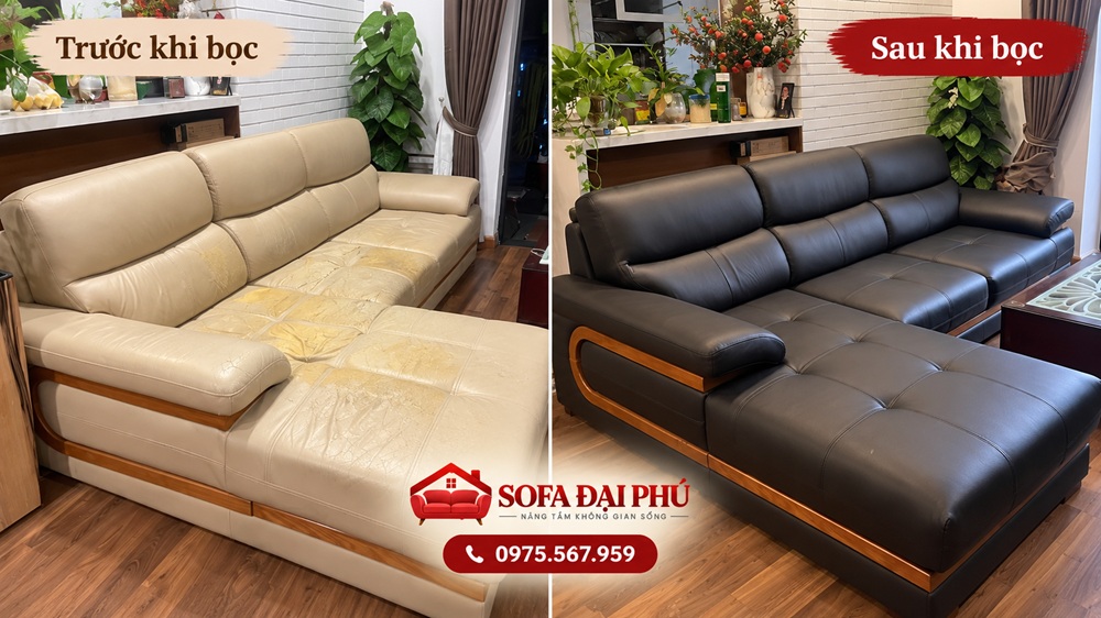 bộ ghế nhà chị Huyền sau khi được bọc lại da