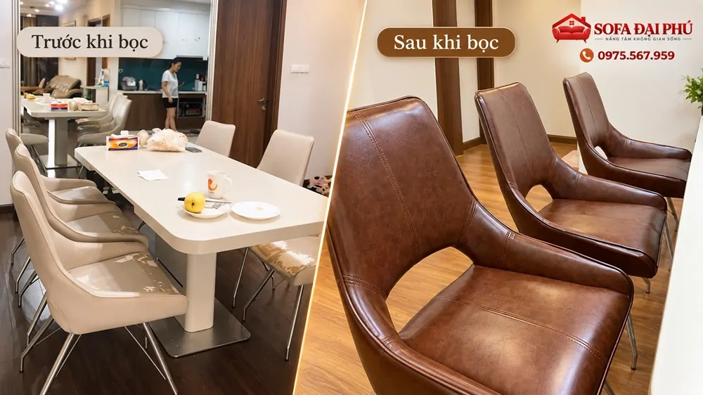 Bọc lại ghế ăn tại nhà giúp xử lý phần da bạc màu, bong tróc và làm mới không gian sống.