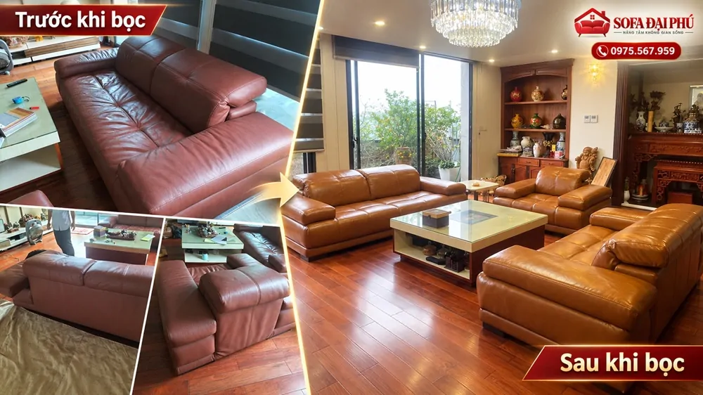 Bọc sofa Hà Nội chất liệu da cao cấp cho nhà chú Thắng ở KĐT Ecopark