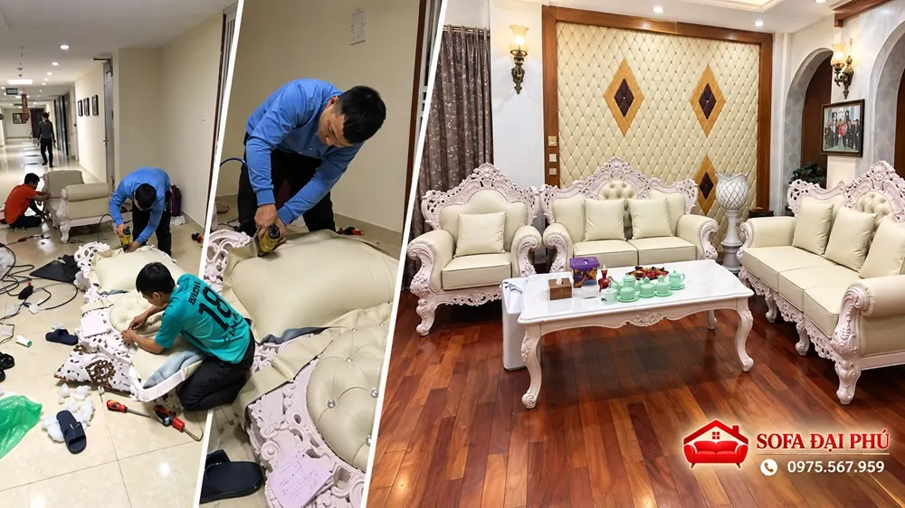 Thợ Sofa Đại Phú đang thi công bọc sofa tại nhà cho khách hàng ở Hà Nội.