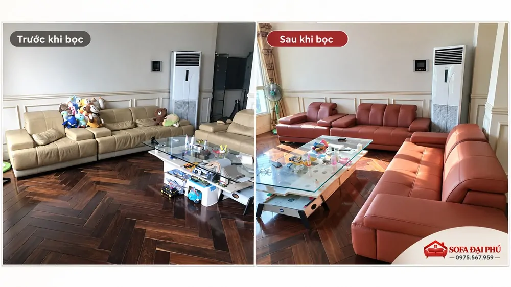 Bọc lại sofa góc chữ L cũ thành bộ ghế màu đỏ cam hiện đại cho phòng khách gia đình.