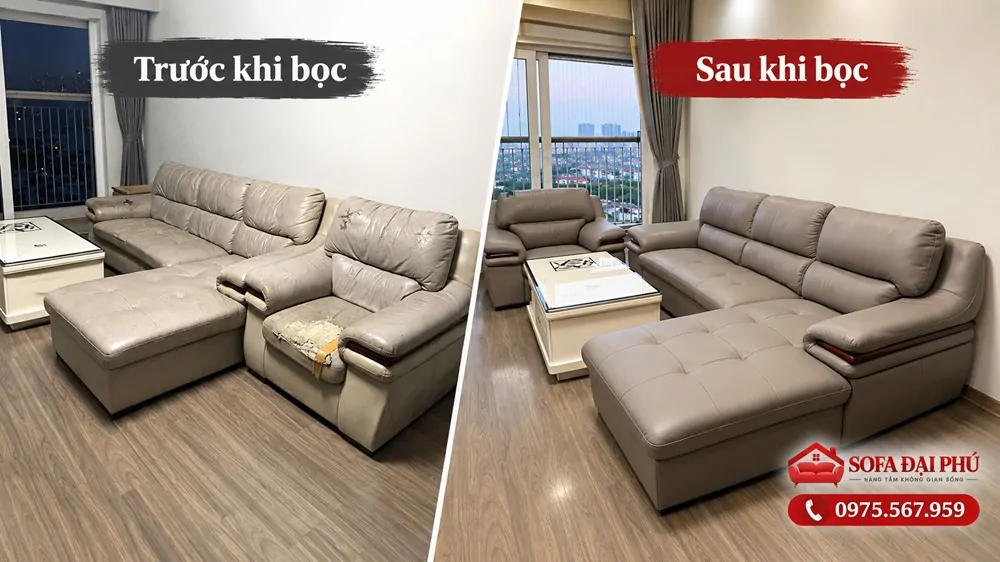 Mẫu sofa trước và sau khi bọc lại sofa với lớp da mới sạch đẹp và sang trọng.