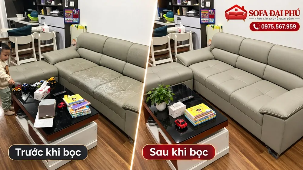 Bọc da ghế sofa cho nhà bác Hưng ở Văn Phú