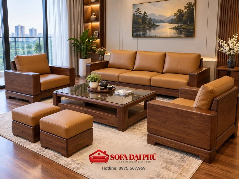 bộ đệm ghế sofa gỗ óc chó da hdtech