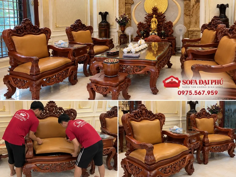 đệm ghế sofa gỗ da bò thật