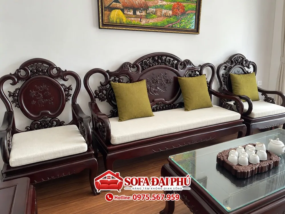 Làm bộ đệm ghế gỗ vải nỉ màu kem nhà cô Linh tại Cầu Giấy