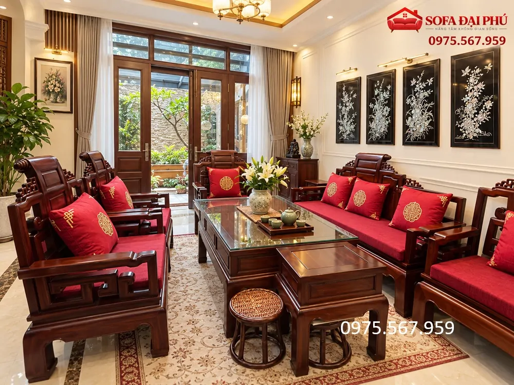 bộ đệm ghế gỗ màu đỏ