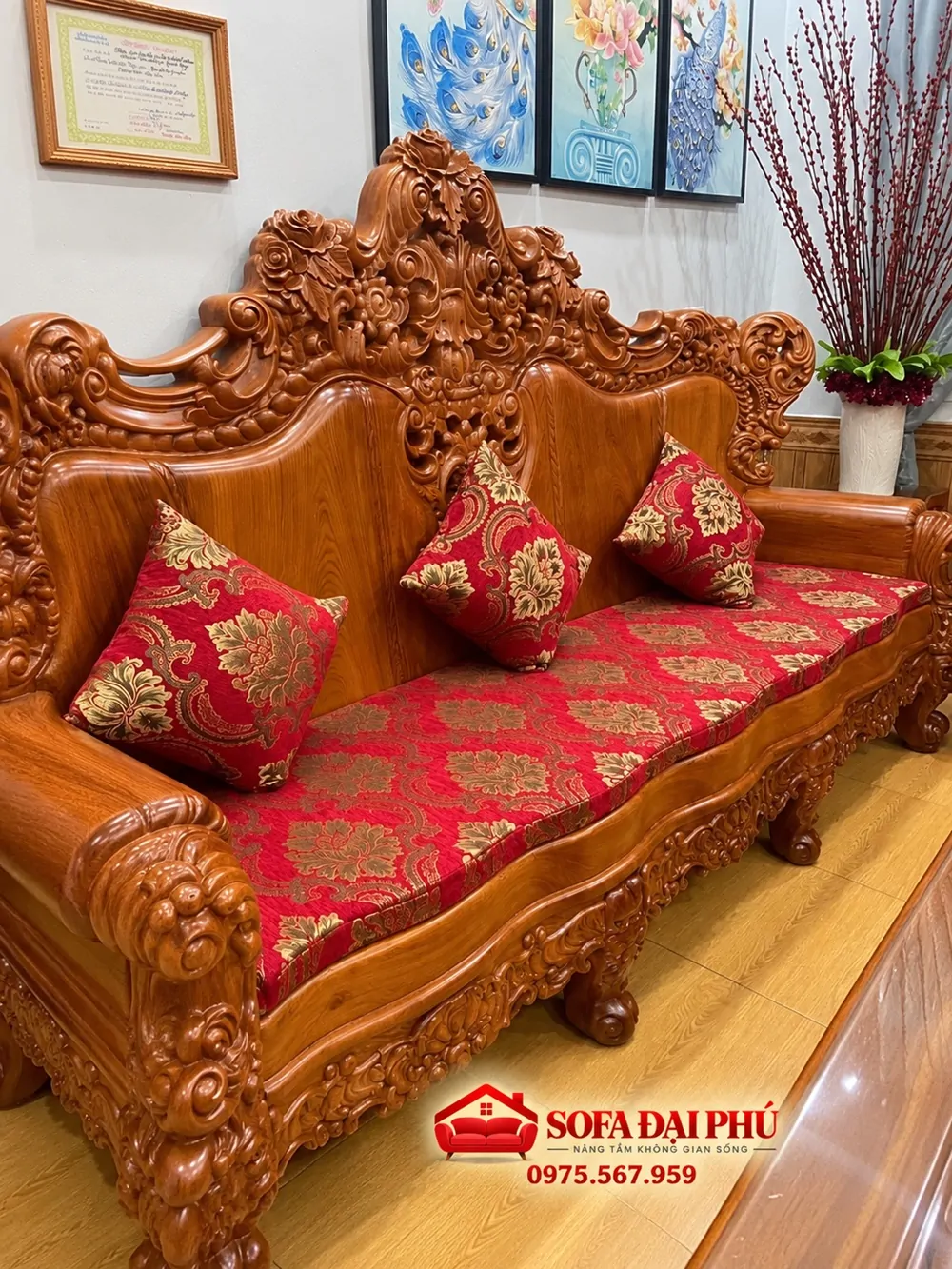 Làm bộ đệm ghế gỗ vải gấm thêu nổi tân cổ điển nhà chú Hải tại Long Biên