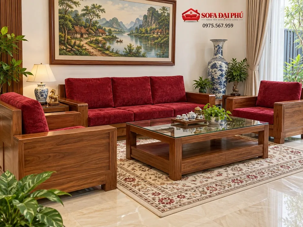 Bộ đệm ghế gỗ phòng khách vải nỉ tráng nhung đỏ đô nhà chú Phúc Hải Dương