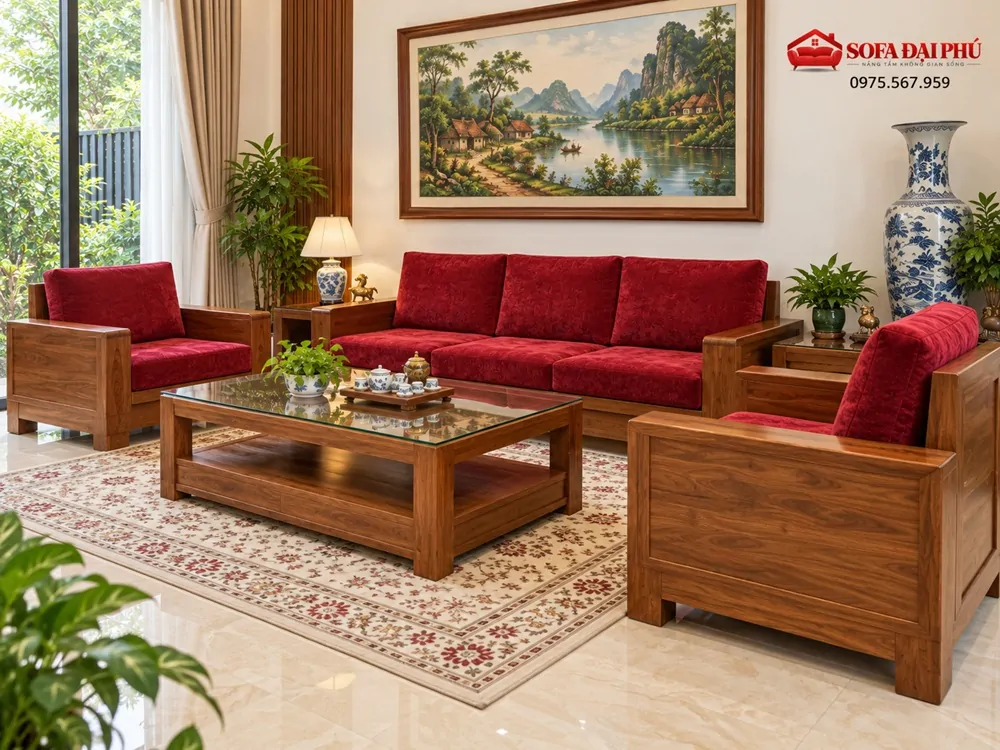 Nệm lót ghế sofa gỗ màu đỏ đô kết hợp lục bình gốm sứ tân cổ điển