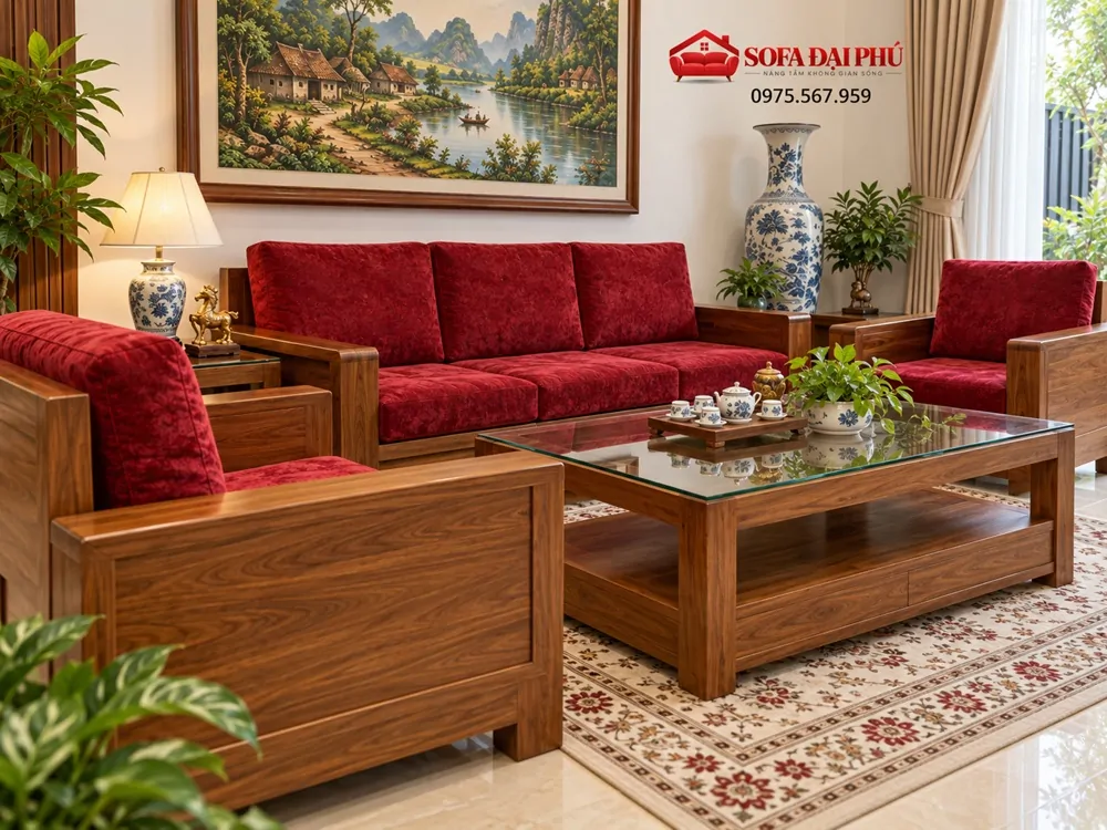 Sofa gỗ tự nhiên nguyên khối lắp đệm bông ép phẳng dày 7cm tinh tế