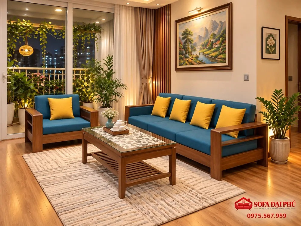 Bộ Đệm Ghế Sofa Gỗ Vải Nỉ Tráng Nhung Nhà Chị Hiền Cầu Giấy