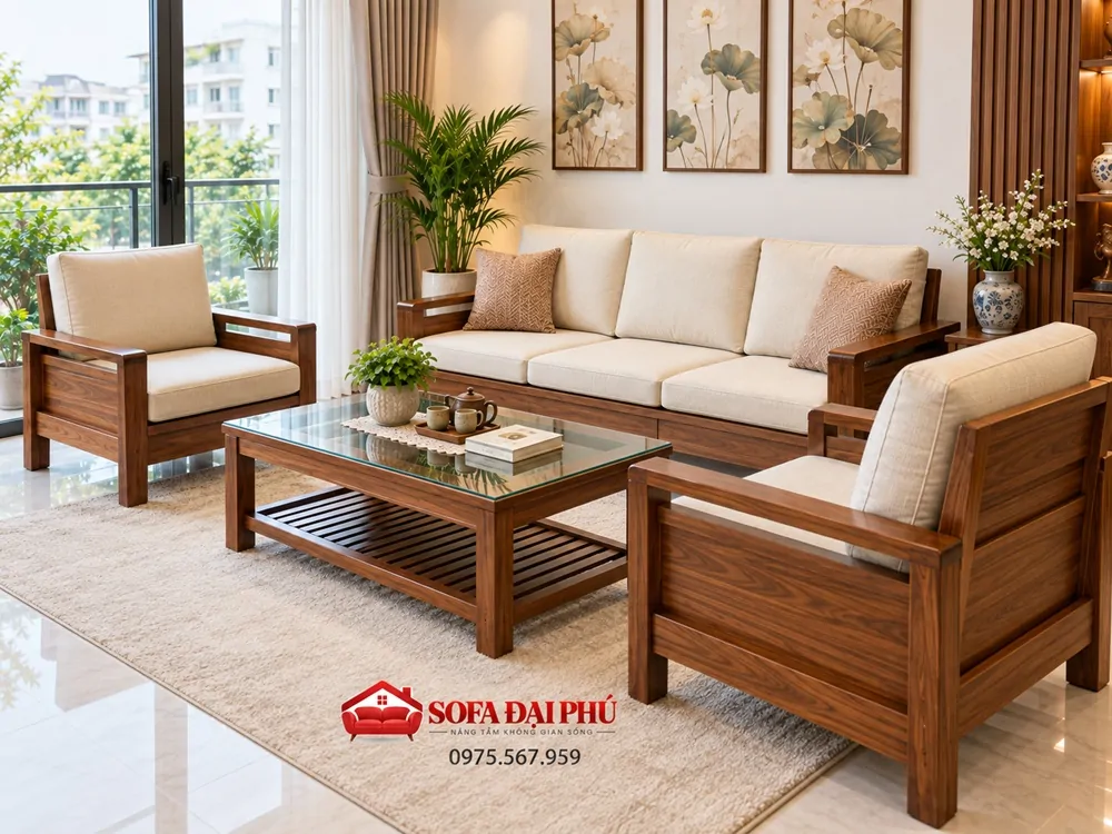 Nệm lót ghế sofa gỗ màu trắng kem bằng chất liệu vải nỉ cao cấp