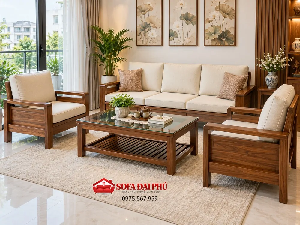bộ đệm ghế sofa gỗ vải nỉ màu kem