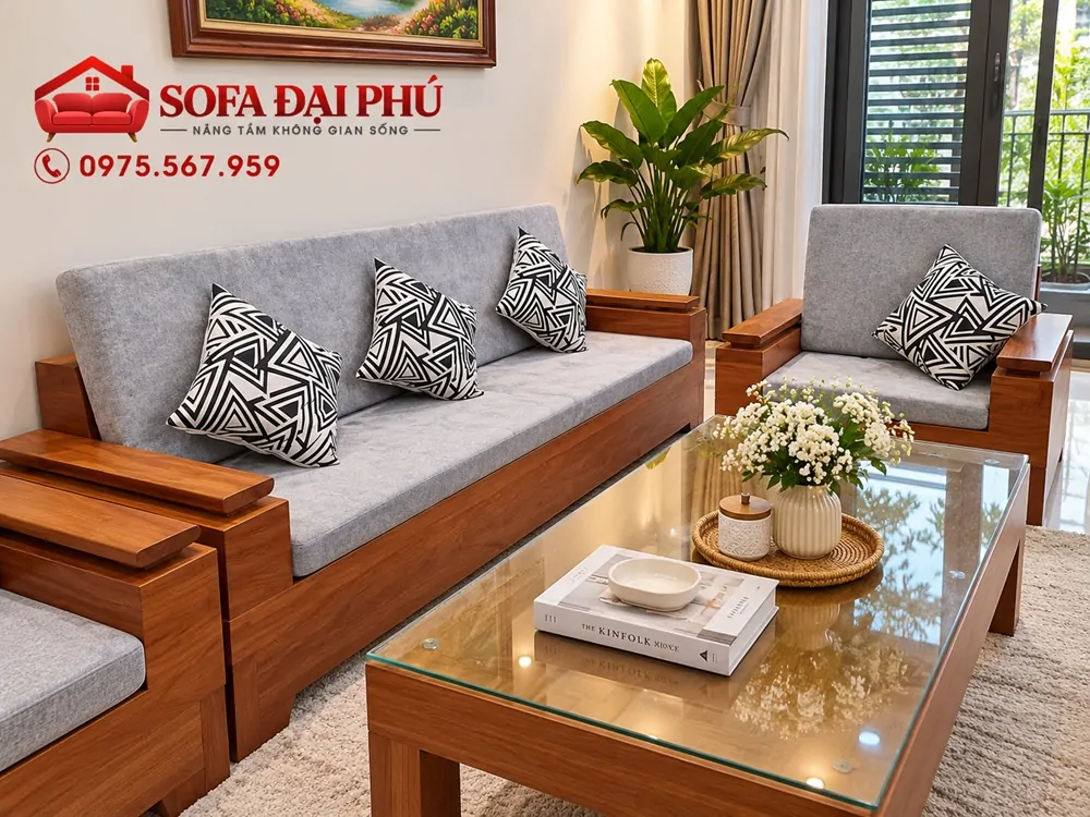 Làm đệm ghế gỗ bông ép cho chị Phương ở Ba Đình với vải nỉ màu xám