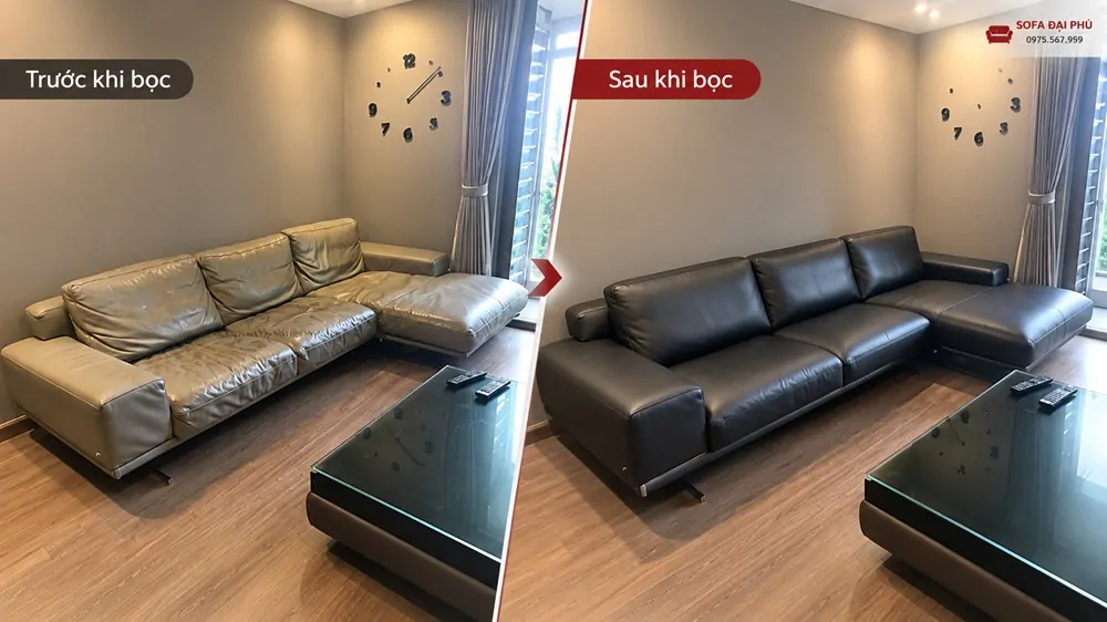 Bọc ghế sofa tại nhà Hà Nội với bộ sofa cũ được thay lớp da mới sáng đẹp.