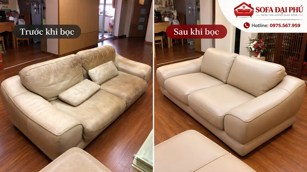 Bọc da ghế sofa cũ bị sờn và bẩn bằng chất liệu mới có bề mặt đẹp và chắc chắn.