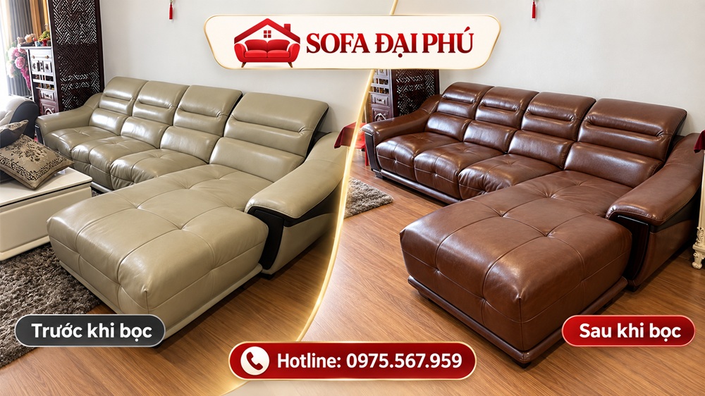 sofa góc sau khi được bọc lại da
