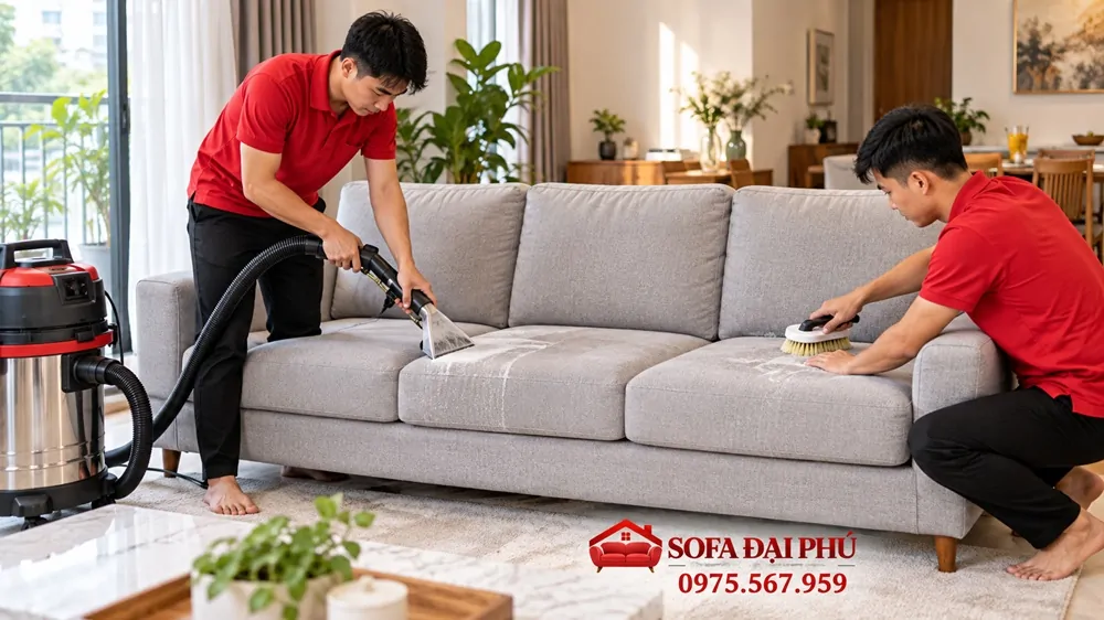 Thợ chuyên nghiệp tiến hành vệ sinh sofa vải nỉ nhung tại phòng khách