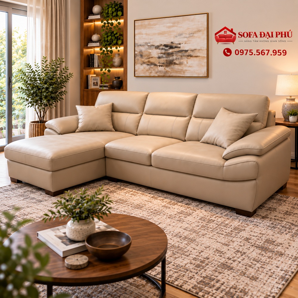Bộ Sofa Da Góc L Cao Cấp Màu Be Sang Trọng - Ảnh 3