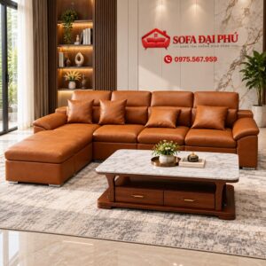 Bộ sofa da góc L màu cam đất