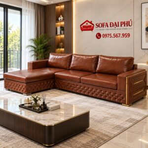 Chi tiết hông tay vịn nẹp chỉ mạ vàng và góc chaise dài của sofa da tân cổ điển