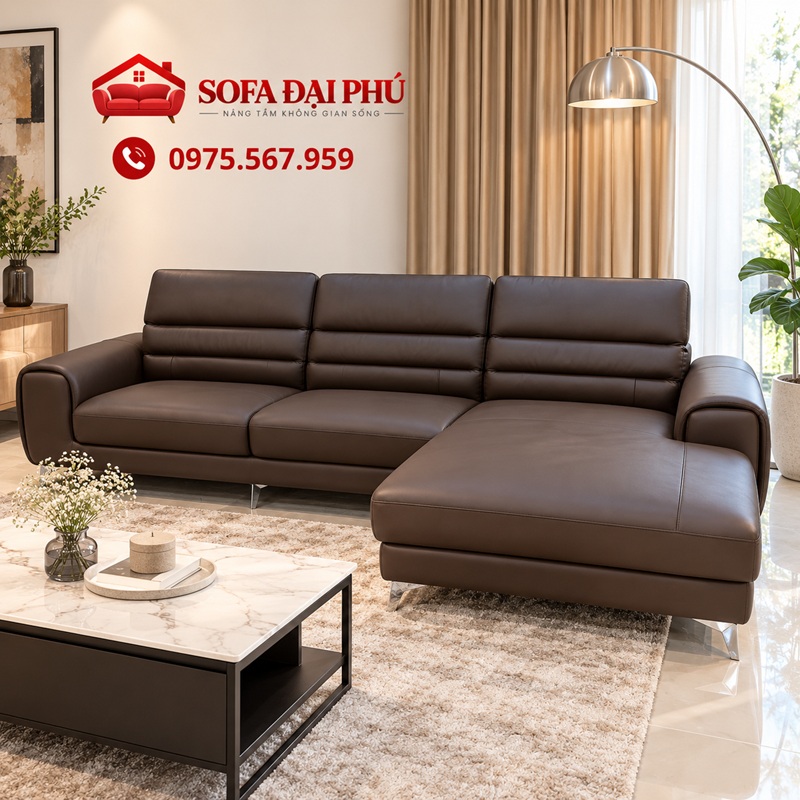sofa da góc L màu nâu