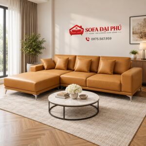 Bộ sofa da góc L màu vàng bò
