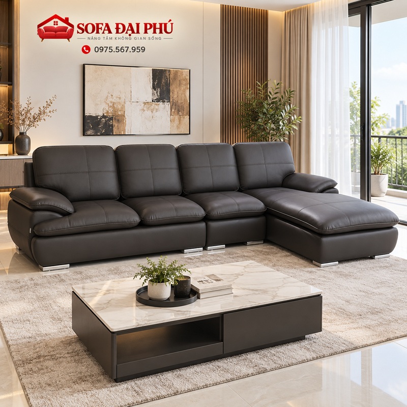 Phòng khách hiện đại bài trí bộ bàn ghế sofa phòng khách màu nâu than bùn đón ánh sáng tự nhiên từ ban công