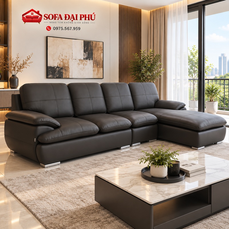 Toàn cảnh mẫu sofa đẹp dáng góc L màu nâu đất