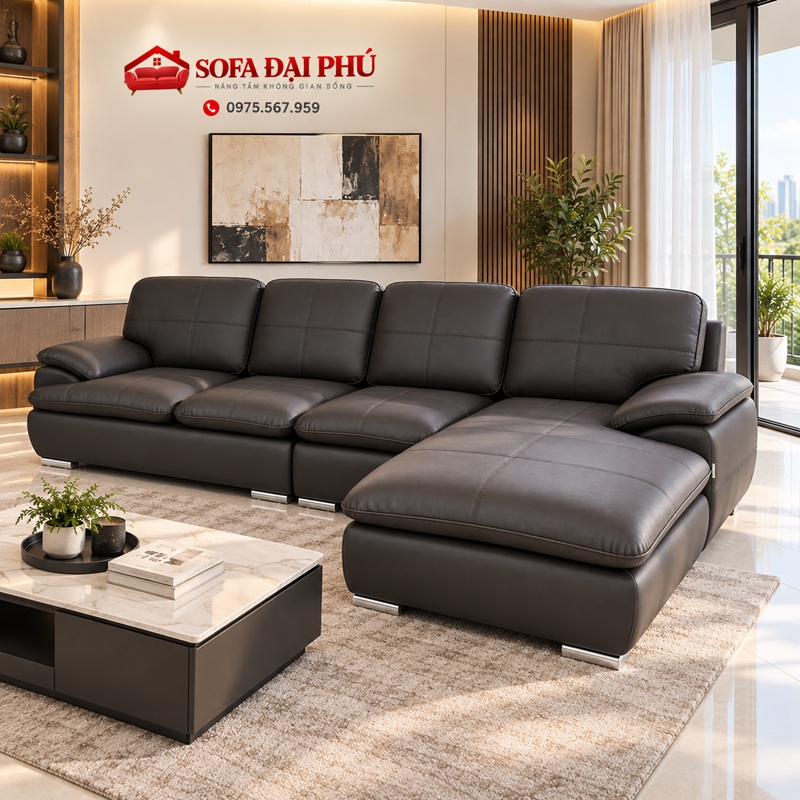 Bộ sofa da góc L màu nâu đất