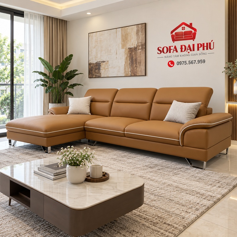 Không gian phòng khách bài trí bộ sofa da góc L màu vàng bò phối bộ ba tranh canvas hoa tulip vàng rực rỡ