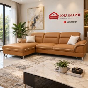 Bộ sofa da góc L màu vàng bò viền gân trắng của Sofa Đại Phú kết hợp tranh treo tường trừu tượng màu vàng ấm