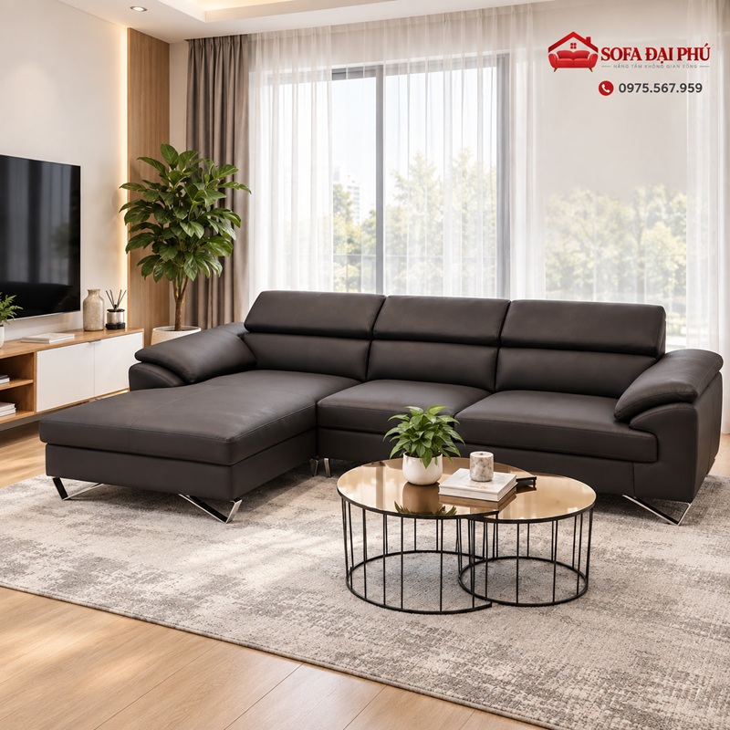 Góc chụp xéo bệ đệm ngồi sâu rộng và phần góc L chaise dài của bộ ghế sofa da màu đen