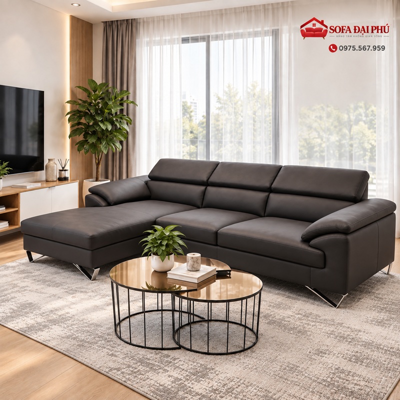 Góc chụp xéo bệ đệm ngồi sâu rộng và phần góc L chaise dài của bộ ghế sofa da màu đen