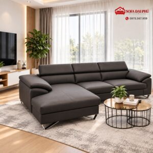 Bộ sofa da góc L màu đen sang trọng kết hợp bàn trà đôi mặt kính vàng đồng của Sofa Đại Phú