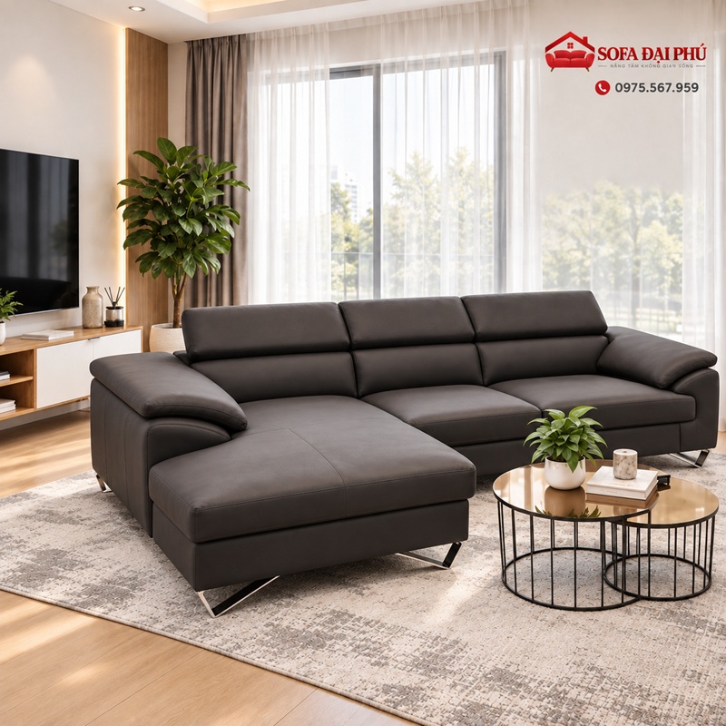 Bộ sofa da góc L màu đen sang trọng kết hợp bàn trà đôi mặt kính vàng đồng của Sofa Đại Phú