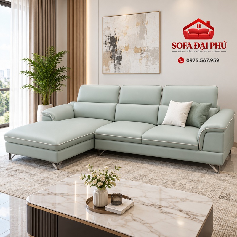 bộ sofa da góc L màu xanh ngọc