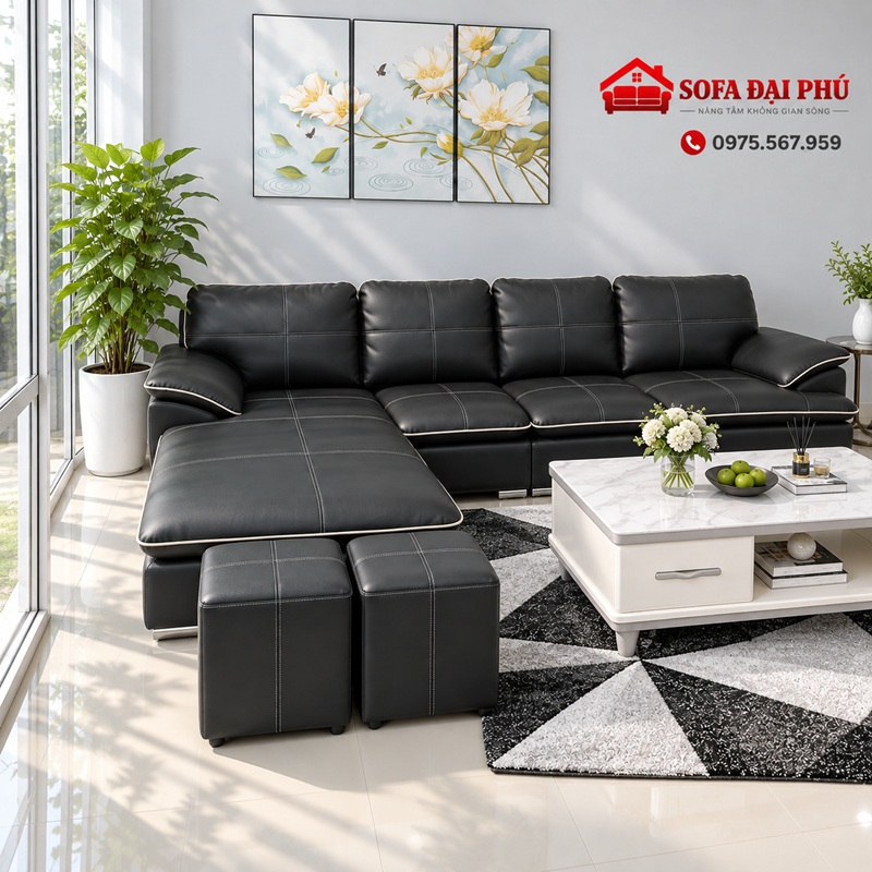 Góc chụp xéo bộ ghế sofa da màu đen rút múi ô cờ đi kèm hai chiếc đôn vuông di động nhỏ gọn