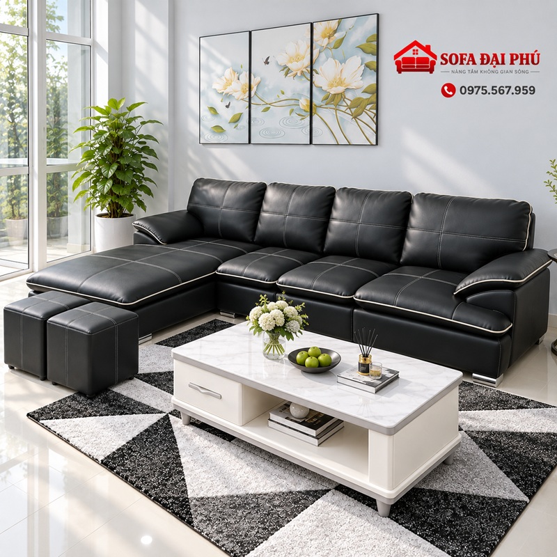 Toàn cảnh bộ sofa đẹp dáng góc L màu đen bề thế đặt cạnh hệ cửa kính lớn và bộ ba tranh treo tường hoa sen trắng