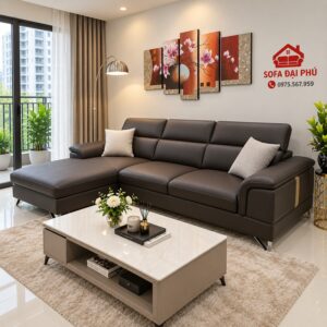 Bộ Sofa Da Góc L Màu Cafe