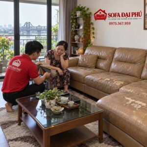 Thợ Sofa Đại Phú đang đo đạc và tư vấn bọc lại ghế sofa da cao cấp tại nhà khách hàng ở Long Biên.