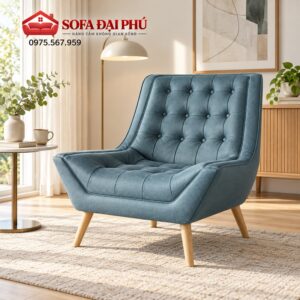 Ghế bành tân cổ điển màu xanh denim nhung đặt góc phòng ngủ master cạnh ban công