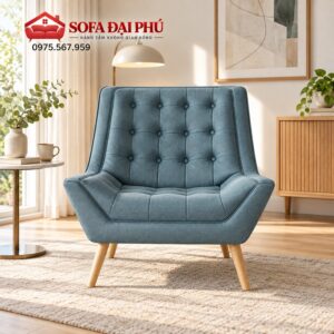 ghế bành đơn màu xanh tím denim bọc nỉ nhung rút chỉ múi trám hoàng gia