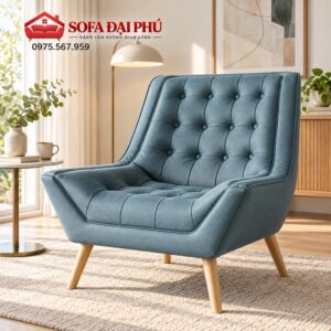 Bối cảnh phòng đọc sách bài trí chiếc ghế bành thư giãn đơn phối cùng bàn tab tròn mặt đá