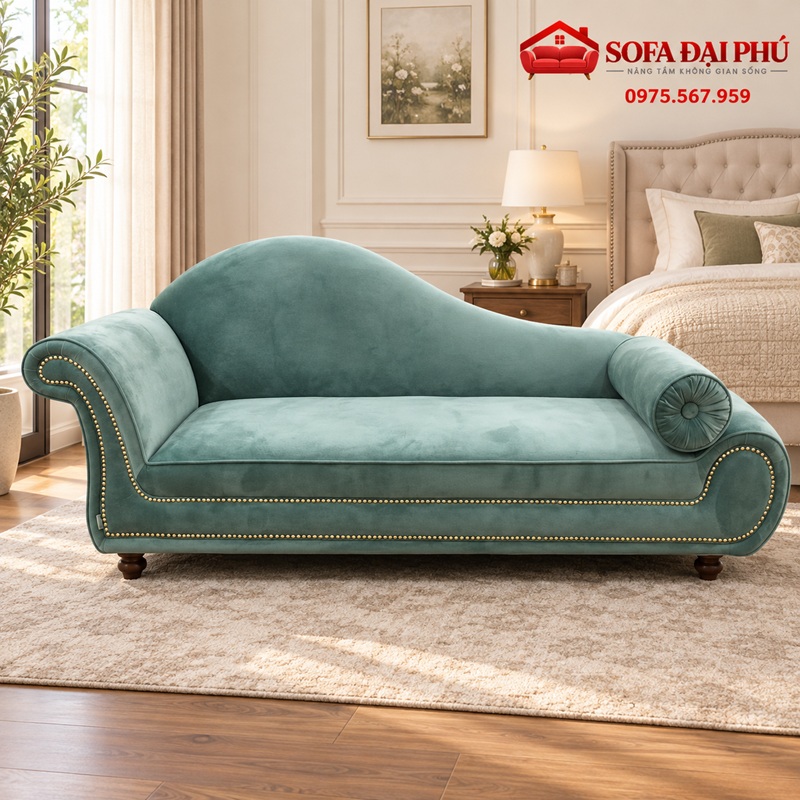 Mẫu sofa đẹp dáng ghế chaiselounge nằm dài màu xanh bạc hà bọc vải nỉ nhung đính đinh đồng thủ công