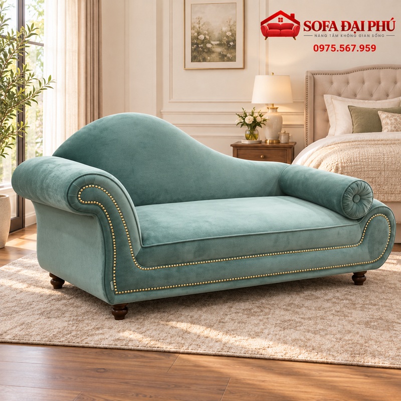 Ghế sofa thư giãn tân cổ điển màu xanh mint nhung đặt sát hông giường ngủ lớn của Sofa Đại Phú