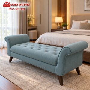 Mẫu sofa đẹp dáng ghế băng dài thư giãn màu xanh sương mù rút múi trám
