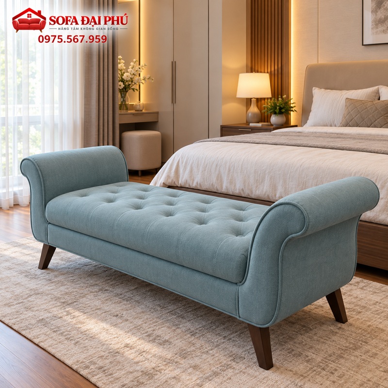 Mẫu sofa đẹp dáng ghế băng dài thư giãn màu xanh sương mù rút múi trám